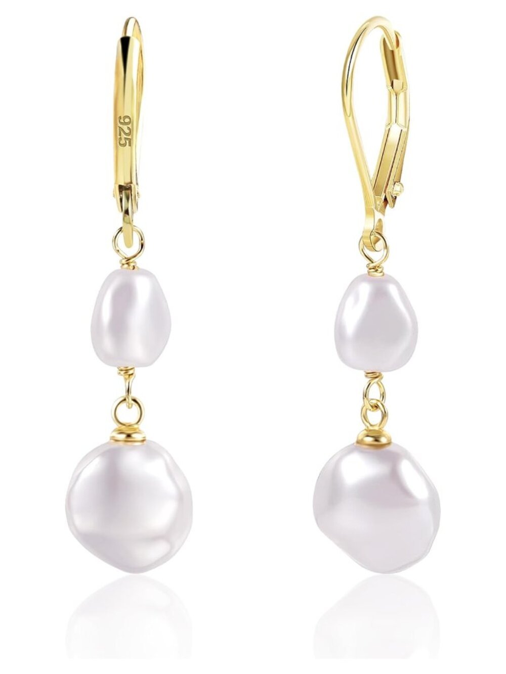 14K Gold Plated Pearl Dangle Earrings Leverback Baroque Drop for Women